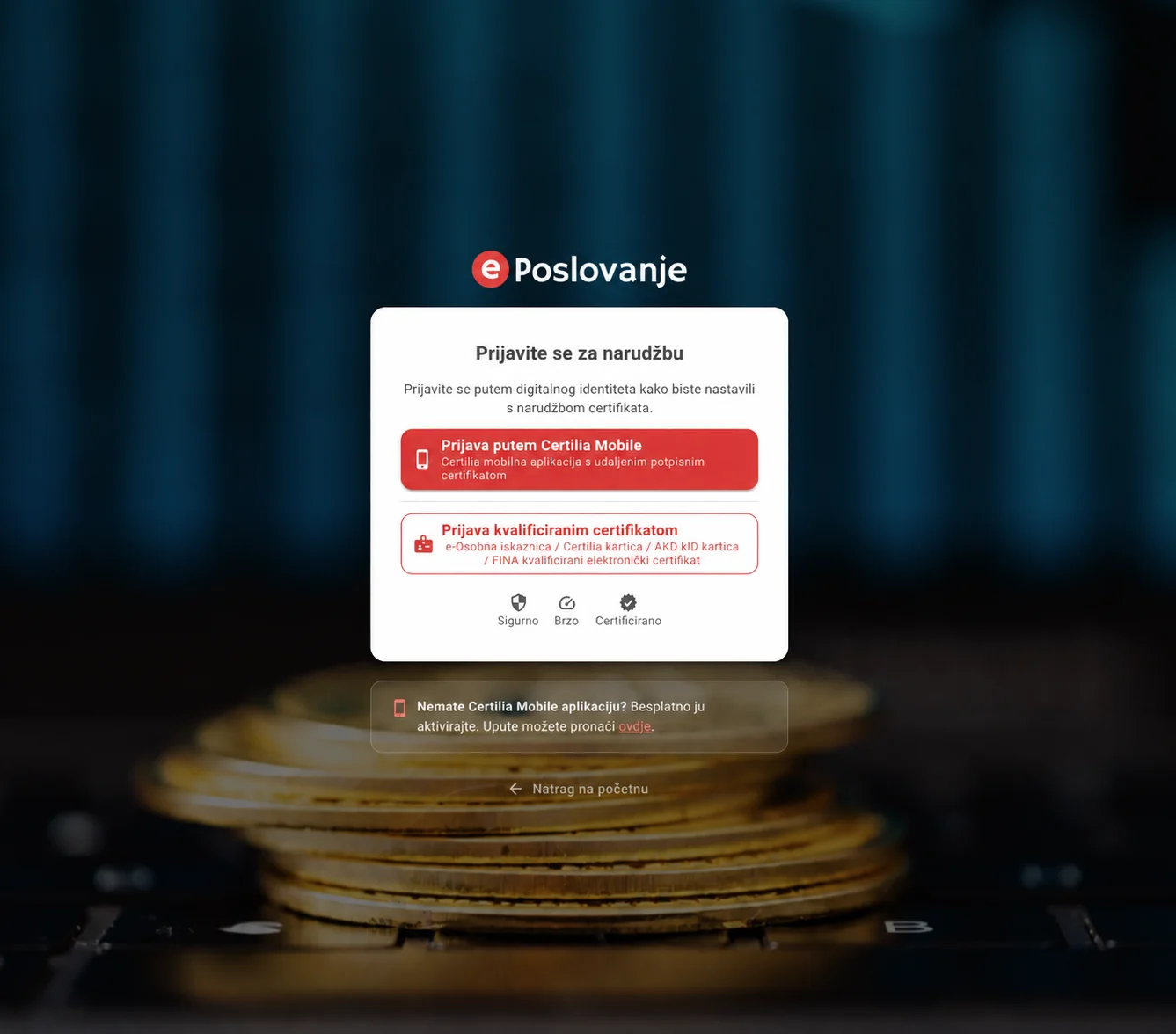 ePoslovanje prijava putem Certilia Mobile aplikacije ili kvalificiranog certifikata