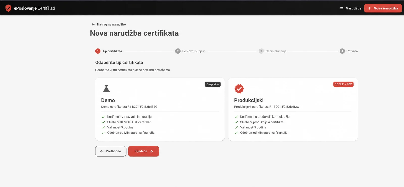 Odabir besplatnog demo certifikata na ePoslovanju