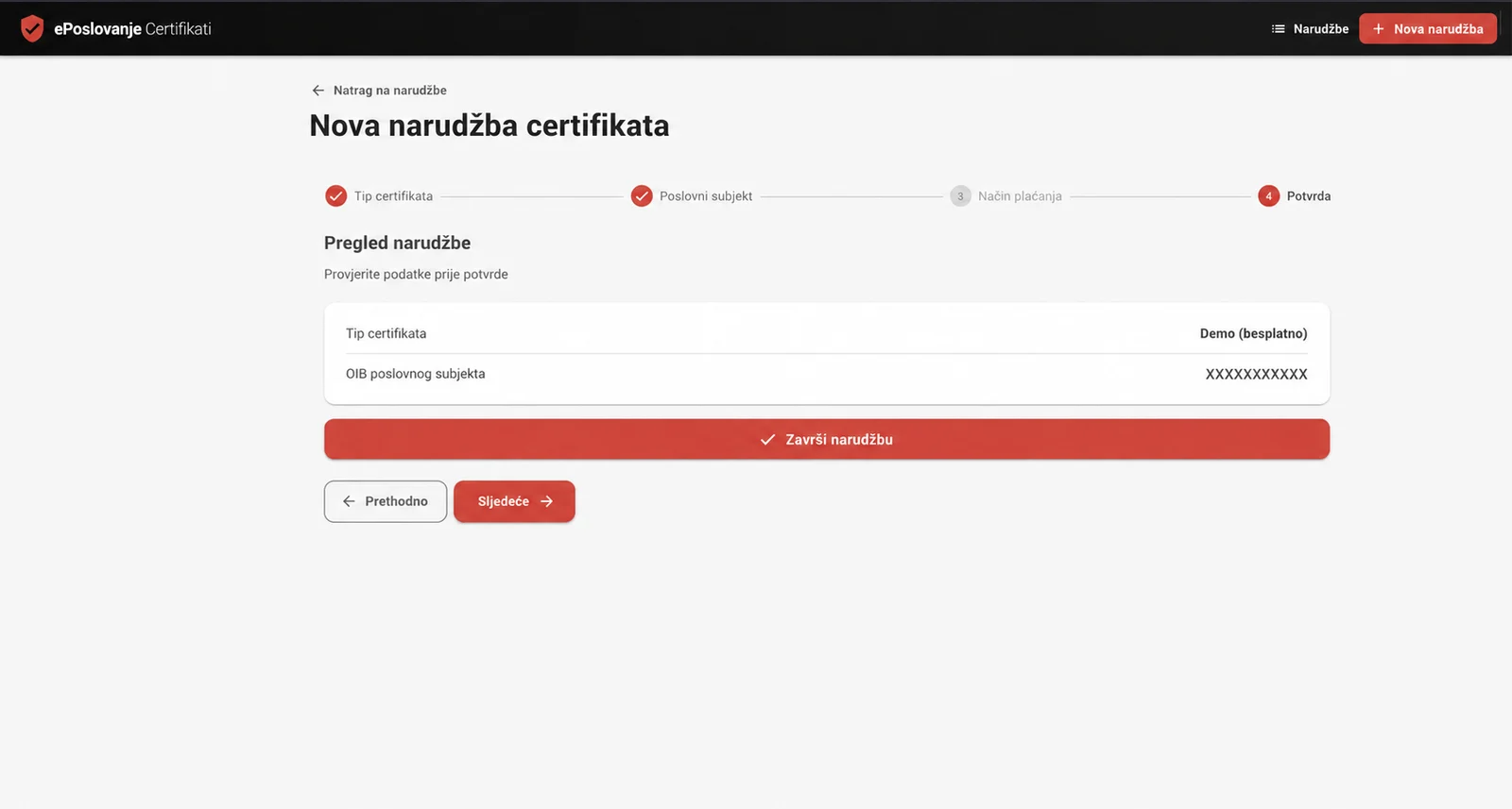 Pregled i potvrda ePoslovanje narudžbe demo certifikata