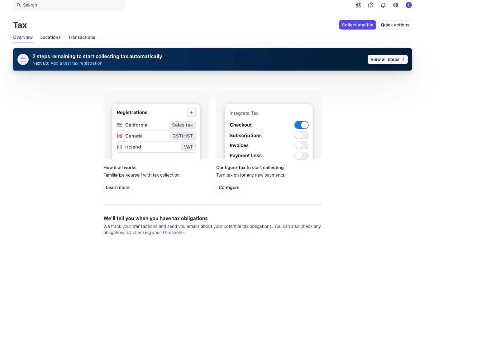 Stripe Tax Hrvatska — gumb View all steps