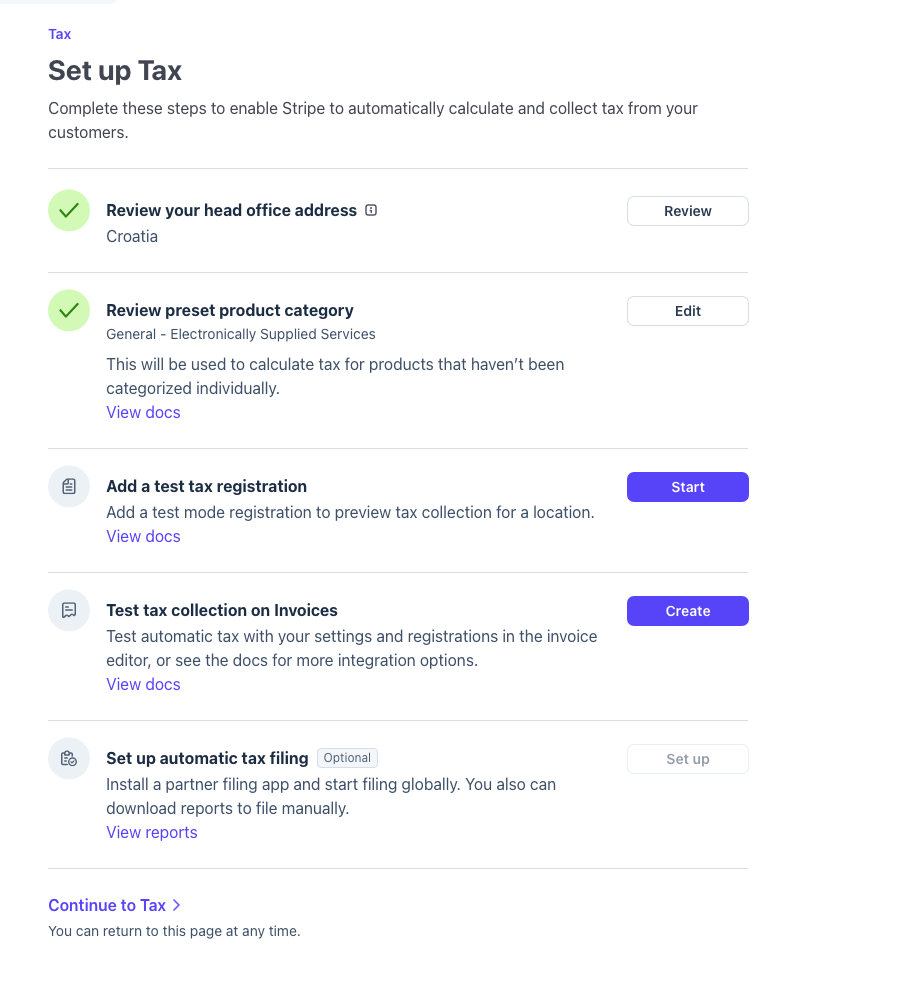 Stripe Set up Tax — četiri obvezne postavke i opcionalna automatska predaja