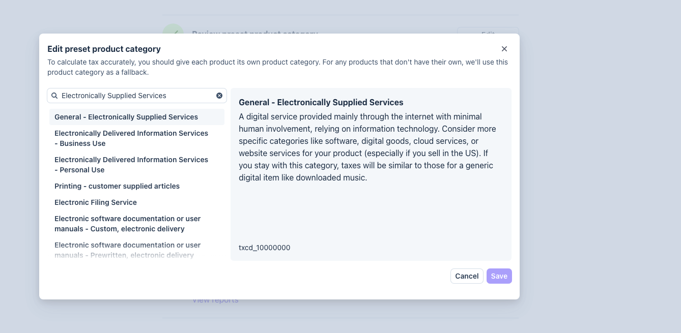 Stripe Tax product category — General Electronically Supplied Services i podkategorije