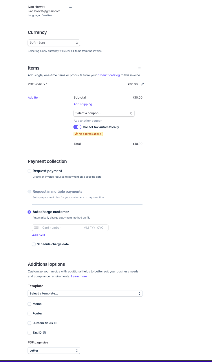 Stripe test invoice — Collect tax automatically, adresa i Autocharge customer