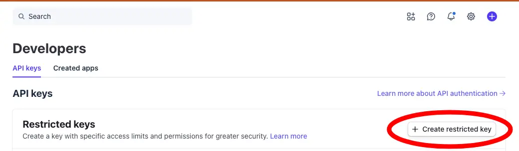 Stripe API keys — gumb Create restricted key