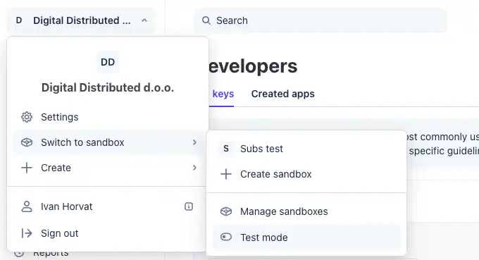 Stripe Dashboard — prebacivanje u Test mode