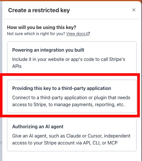 Stripe — odabir namjene restricted key-a