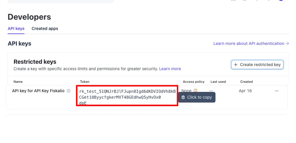 Stripe — kopiranje restricted API key-a