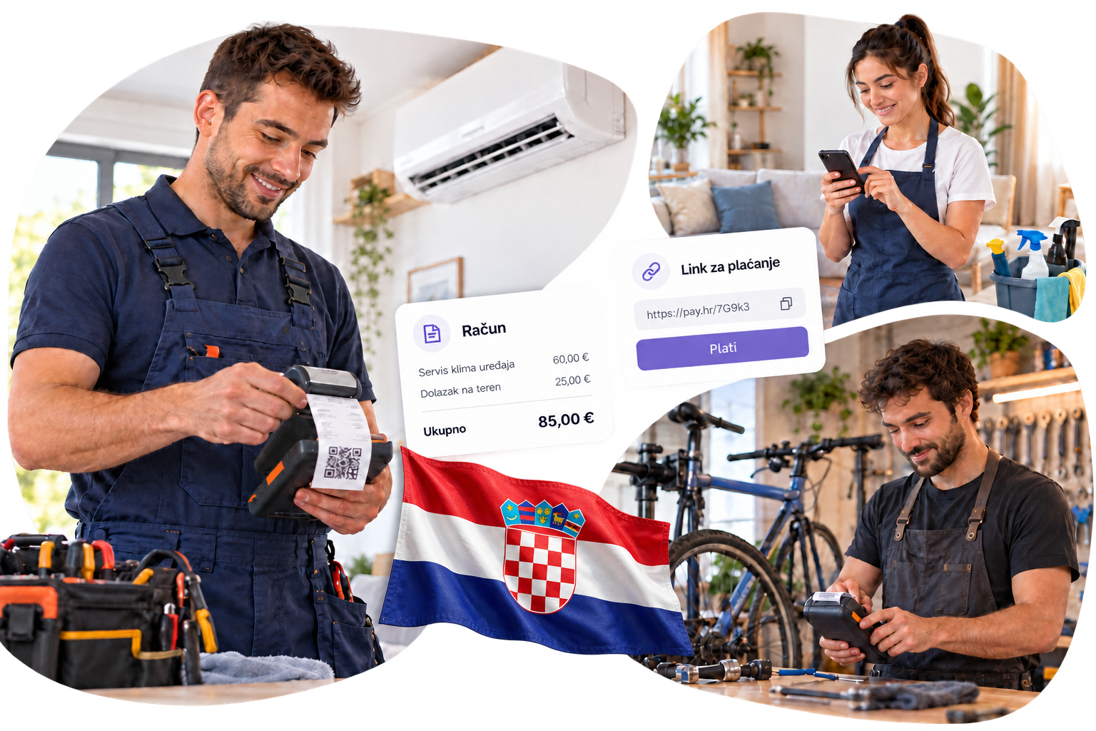 Serviser klima uređaja izdaje račun s QR kodom, djelatnica čišćenja šalje link za plaćanje, a biciklistički servis koristi POS terminal. U donji dio ilustracije uklopljena je hrvatska zastava koja se vijori.